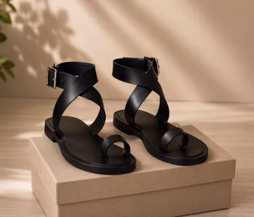 Black Leather Gladiator Sandals Women Ankle Strap Flat Toe Ring Summer Shoes