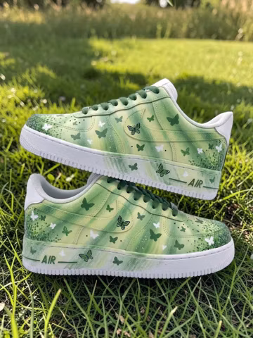 Custom Green Butterfly Sneakers, Hand Painted Nature Shoes, Personalized Floral Sneakers, Unique Spring Streetwear Shoes