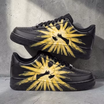 Custom Black Angel Sneakers, Hand Painted Yellow Graphic Shoes, Unique Streetwear Sneakers, Jesus Shoes