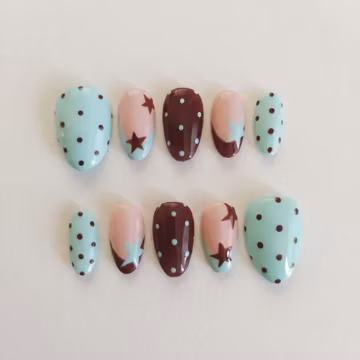 Retro Press On Nails, Mint Pink Burgundy Star Polka Dot Nail Art, Cute Vintage Manicure