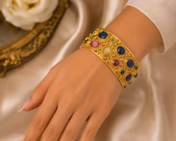 22K 18K Yellow Gold Wide Gemstone Cuff Bracelet, Multicolor Gems, 107.9g