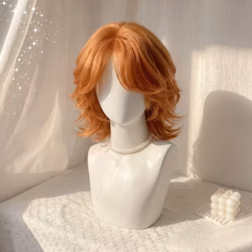 Short Orange Wig, Curly Layered Shag with Wispy Bangs, Ginger Copper Fluff, 70s Retro Cosplay, Mullet Style, Gift for Him