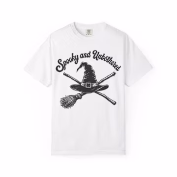 Spooky and Unbothered witch hat and broom T-shirt | Halloween top