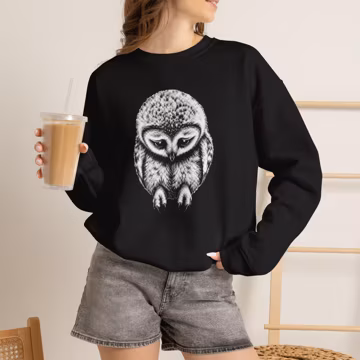 Monochrome Barn Owl Illustration Crewneck Sweatshirt | Night Forest Shirt