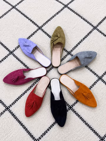 Handmade Women's Moroccan Babouches – Suede Leather Mule Slippers – Boho Pointed Toe Shoes – House Slippers