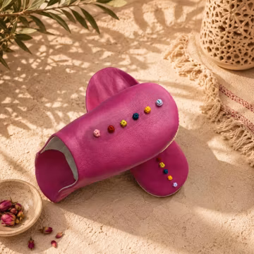 Handmade Moroccan Leather Babouche Slippers, Colorful Leather House Shoes, Women's Indoor Slippers, Artisan Moroccan Gift