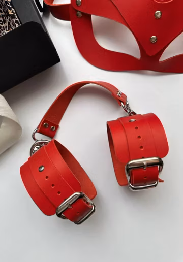 Red Genuine Leather Wrist Cuffs, Handmade Adjustable Buckle Accessory Gift Idea