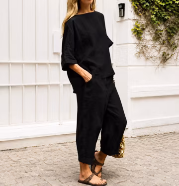 Cotton Linen Two Piece Lounge Set Loose Top High Waist Pants