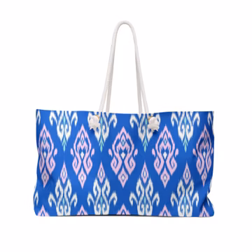 Royal Blue Pink Ikat Weekender Tote Bag, Traditional Diamond Pattern Travel Bag, Bohemian Native Overnight Tote, Ethnic Beach Carry On
