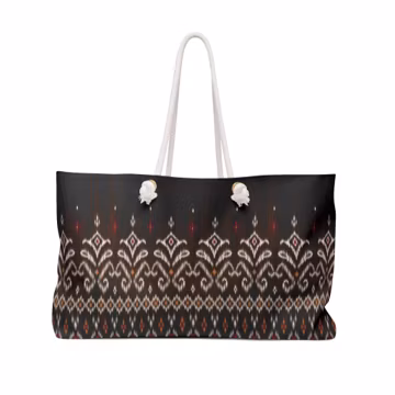 Black Ikat Weekender Tote Bag, Floral Tribal Pattern Travel Bag, Vintage Ethnic Overnight Tote, Boho Beach Vacation Carry On Bag