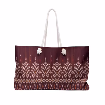 Burgundy Ikat Weekender Tote Bag, Maroon Tribal Pattern Travel Bag, Vintage Ethnic Overnight Bag, Boho Wine Beach Carry On Bag