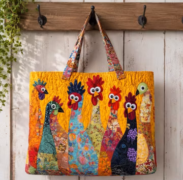 FREE SHIPPING | Funny Chicken Quilt Tote Bag | Handmade Patchwork Hen Market Bag | Farmhouse Tote | Quilted Style Tote | Chicken Lover Gift
