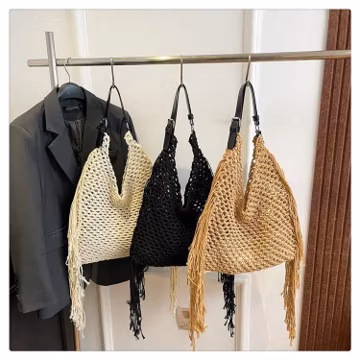 Handmade Openwork Crochet Fringe Hobo Tote with Zipper Pocket | Slouchy Countryside Travel Companion | Off White, Khaki & Black Options