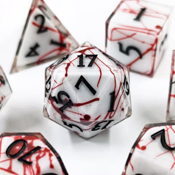 Blood Splatter Polyhedral Dice Set, White Resin Horror Game Dice, Handmade Resin Gaming Dice with Metal Storage Tin Box