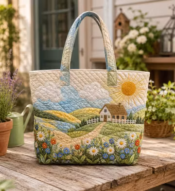 Garden Floral Quilted Tote Bag, Cottage Landscape Purse, Farmhouse Carryall, Scenic Country Shoulder Bag, Nature Lover Gift for Women