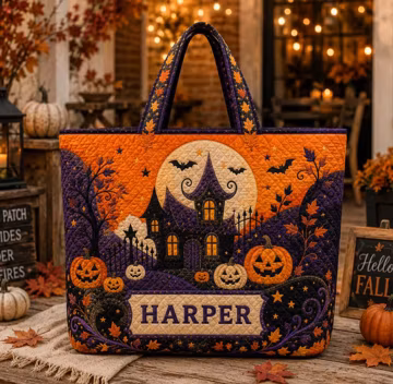 Personalized Halloween Quilted Tote Bag, Haunted House Purse, Pumpkin Ghost Carryall, Gothic Fall Shoulder Bag, Spooky Gift For Women