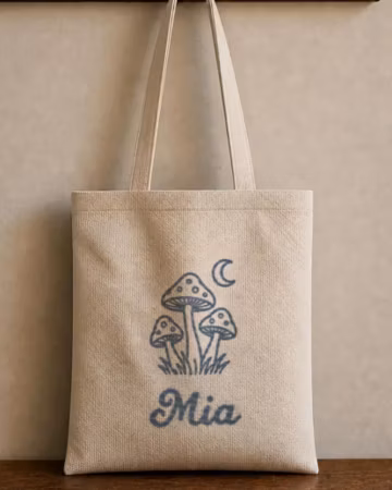 Magic Mushroom Tote Bag, Moon Embroidered Canvas Bag, Custom Name Cottagecore Tote, Witchy Nature