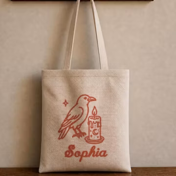 Raven Candle Embroidered Tote Bag, Witchy Canvas Bag, Custom Name Gothic Tote, Mystical Gift