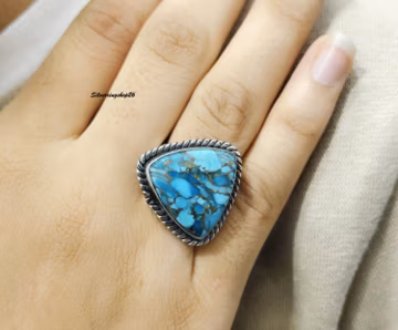 Blue Copper Turquoise Ring, 925 Sterling Silver Boho Statement Ring, Triangular Cabochon Ring, Vintage Style Ring, Gift For Woman,