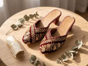Embroidered Velvet Block Heel Mules, Bridal Wedding Shoes, Maroon Jutti Style, Ethnic Slip-On