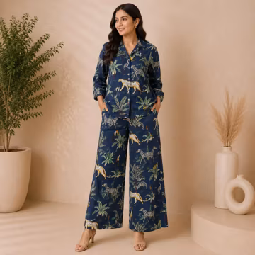 Navy Blue Safari Print Cotton Two Piece Set, Women's Matching Shirt and Wide Leg Pants, Animal Print Co Ord Set, Casual Vacation Outfit