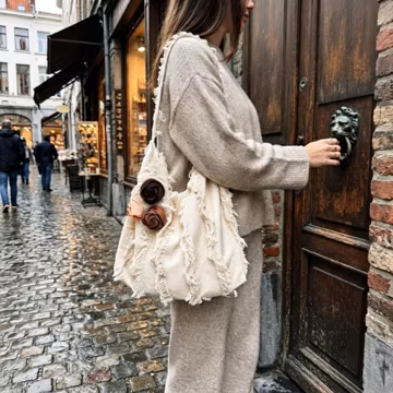 Linen Fringe Tote Bag with 3D Rose, Boho Shoulder Crossbody Handbag