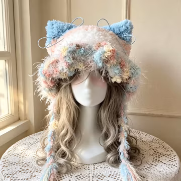 Jellyfish Cat Ear Bucket Hat, Pastel Fluffy Plush Hat With Feather Tassels