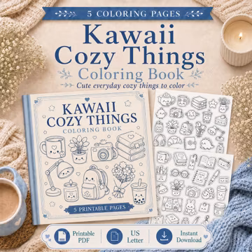 Kawaii Cozy Things Coloring Pages, 5 Printable Everyday Doodle Sheets