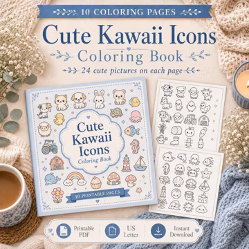 Mini Kawaii Icon Coloring Pages, 240 Tiny Pictures, 10 Printable Sheets (Digital Download)