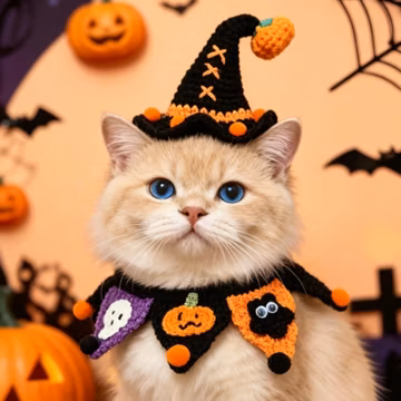 Handmade Crochet Halloween Pet Costume Set,Witch Hat & Collar for Cat,Cute Ghost Pumpkin Cat Outfit,Halloween Pet Photo Prop