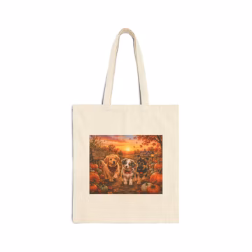Golden Retriever, German Shepherd, and Australian Shepherd Pumpkin Patch Tote Bag | Autumn Sunset Fall Farm Scene