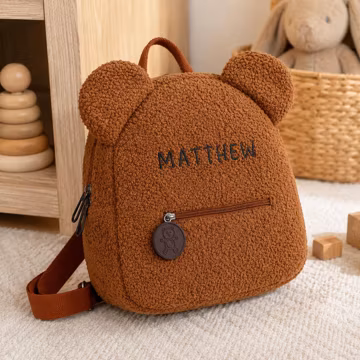 Personalized Teddy Bear Backpack: Embroidered Name Fluffy Preschool Bag with Bear Ears