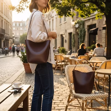 Burgundy Leather Shoulder Bag, Minimalist Bucket Purse, Women's Everyday Handbag, Classic Tote