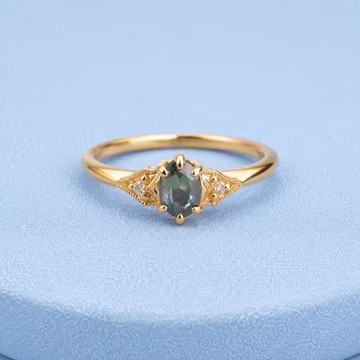 Green Sapphire Engagement Ring, Oval Cut Promise Ring, 14K Gold Vintage Ring, Nature Inspired Promise Ring, Birthstone Jewelry, Gift for Her