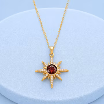 Red Garnet North Star Necklace, 14K Gold Celestial Necklace, January Birthstone Necklace, Diamond Starburst Necklace, Christmas Gift for Her