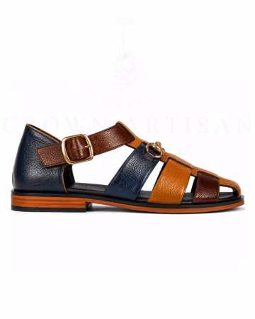 Handmade Genuine Leather Fisherman Sandals for Men, Cognac Tan Navy Brown, Luxury Summer Footwear