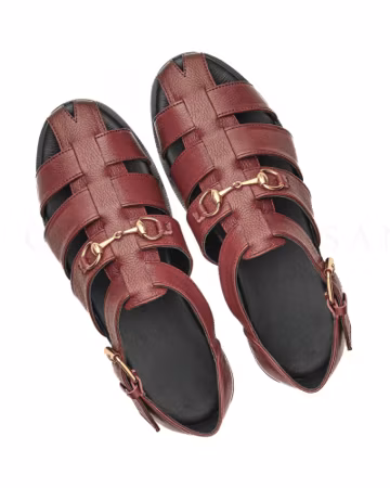 Handmade Genuine Leather Fisherman Sandals for Men, Black Burgundy Closed Toe Summer Footwear
