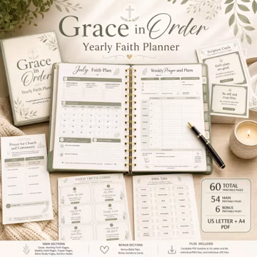 Christian yearly faith planner printable | Grace in Order Yearly Faith Planner, Bible study & prayer organizer