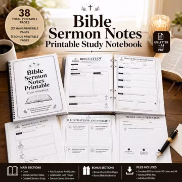 Bible sermon notes printable study notebook, sermon notes template, church notes printable, Bible study notes