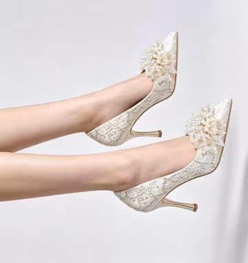 White Floral Pearl Embroidered Lace Wedding Shoes: Pointed Toe Heels