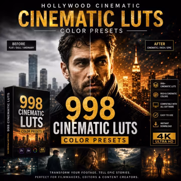 998 Cinematic LUTs Color Presets Bundle ,Professional Color Grading Pack for Premiere Pro, DaVinci Resolve, Final Cut & Lightroom,...