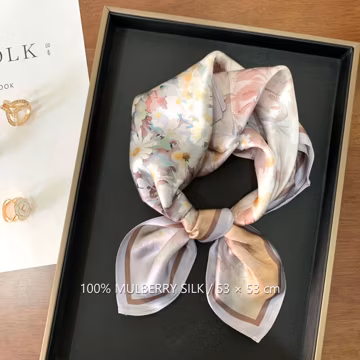 Light Khaki Mini Daisy 100% Mulberry Silk Scarf, 53 x 53 cm Printed Square Neck and Hair Scarf