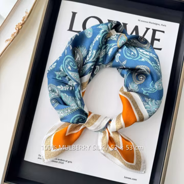 Blue Paisley Floral 100% Mulberry Silk Scarf, 53 x 53 cm Printed Square Neck and Hair Scarf