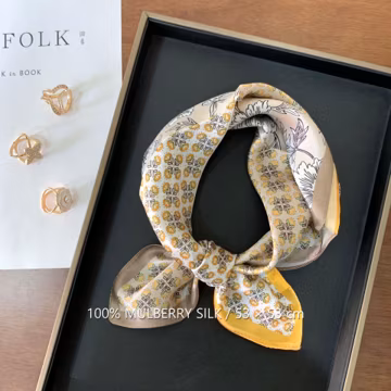 Golden Pastoral Daisy 100% Mulberry Silk Scarf, 53 x 53 cm Printed Square Neck and Hair Scarf
