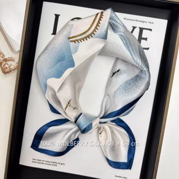 Blue Ink Landscape 100% Mulberry Silk Scarf, 53 x 53 cm Printed Square Neck and Hair Scarf