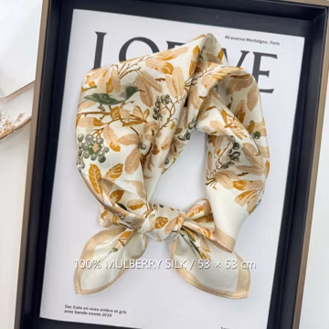 Khaki Botanical Leaf 100% Mulberry Silk Scarf, 53 x 53 cm Printed Square Neck and Hair Scarf