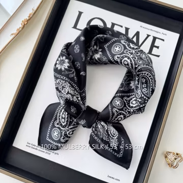 Black White Paisley 100% Mulberry Silk Scarf, 53 x 53 cm Printed Square Neck and Hair Scarf