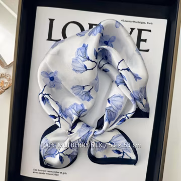 Ivory Purple Floral 100% Mulberry Silk Scarf, 53 x 53 cm Printed Square Neck and Hair Scarf