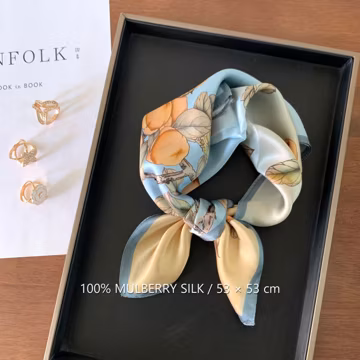 Blue Persimmon Garden 100% Mulberry Silk Scarf, 53 x 53 cm Printed Square Neck and Hair Scarf