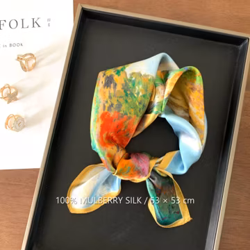 Colorful Painterly Garden 100% Mulberry Silk Scarf, 53 x 53 cm Printed Square Neck and Hair Scarf